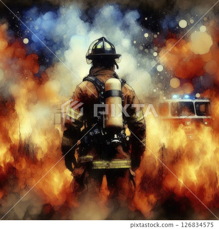 Heroic Firefighter in Action in Courage Amidst the Flames with Generative AI. 126834575