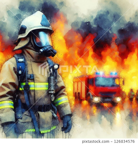 Heroic Firefighter in Action in Courage Amidst the Flames with Generative AI. 126834576