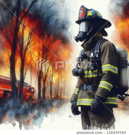 Heroic Firefighter in Action in Courage Amidst the Flames with Generative AI. 126834584
