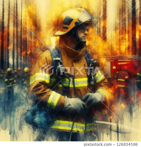 Heroic Firefighter in Action in Courage Amidst the Flames with Generative AI. 126834586