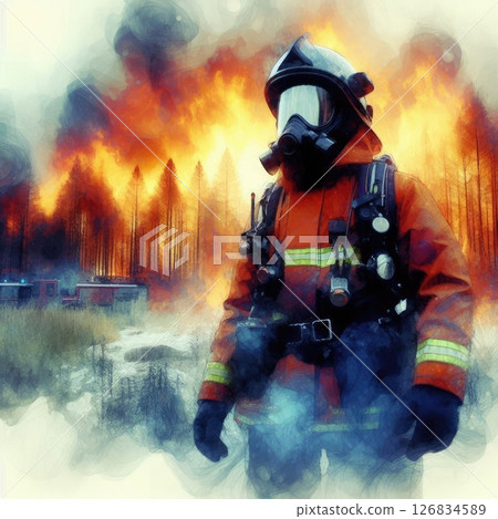 Heroic Firefighter in Action in Courage Amidst the Flames with Generative AI. 126834589