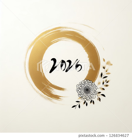 2026 Zen Ink Circle with Gold floral Blossom with Generative AI. 126834627