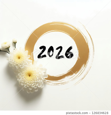 2026 Zen Ink Circle with Gold floral Blossom with Generative AI. 126834628