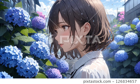 一名女子在繡球花叢中被雨淋濕 126834657