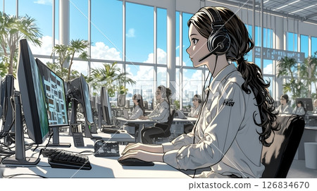 Female operator working in modern call center office 126834670