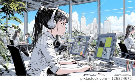 在現代呼叫中心辦公室工作的女性接線員 在現代呼叫中心辦公室工作的女性接線員 126834673