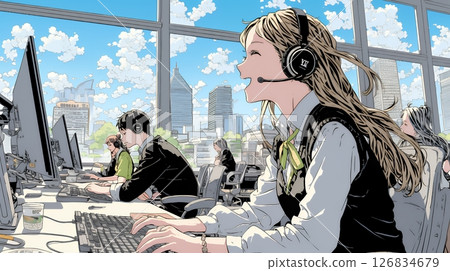 Female operator working in modern call center office 126834679