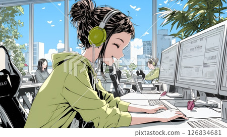 Female operator working in modern call center office 126834681