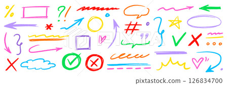 Line pencil arrow color brush kid style set. Crayon chalk scribble, underline and check mark cute highlight texture. Hand drawn pastel marker sign, heart doodle design elements. Vector Line pencil arrow color brush kid style set. Crayon chalk scribble, underline and check mark cute highlight texture. Hand drawn pastel marker sign, heart doodle design elements. Vector 126834700