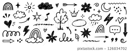 Hand drawn crayon chalk icon set. Cute flower, heart, cloud, star, crown and rainbow in colorful kid scribble style. Tree, house, smile, sun school sketch nature children design. Vector Hand drawn crayon chalk icon set. Cute flower, heart, cloud, star, crown and rainbow in colorful kid scribble style. Tree, house, smile, sun school sketch nature children design. Vector 126834702