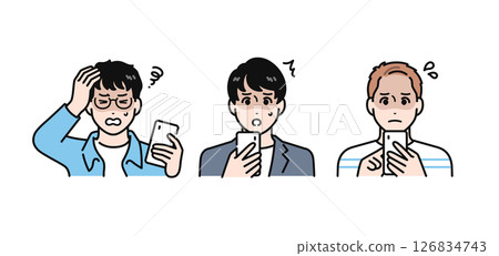 簡單的向量插圖，描繪了三個年輕男子在看智慧型手機時臉色蒼白 126834743