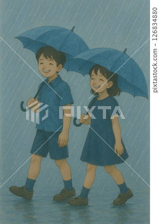 Smiling children walking through the rain in June 126834880