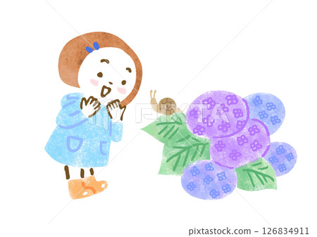 Illustration of a girl wearing a raincoat rejoicing at a snail sitting on a hydrangea leaf 126834911