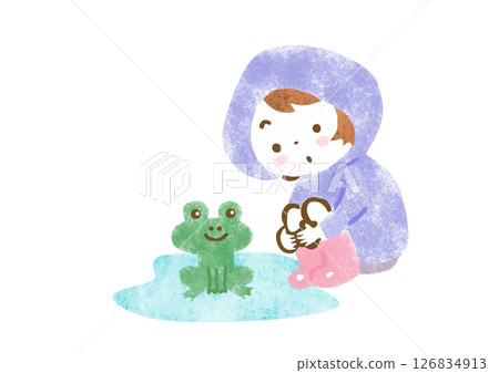 一位身穿雨衣的女孩凝視著水坑裡的青蛙的插圖 126834913