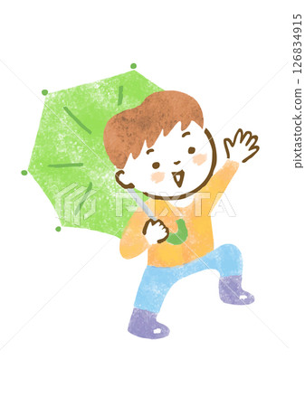 一個男孩開心地撐著傘的插圖 126834915