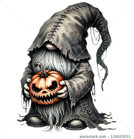 A mysterious figure holds a carved pumpkin, embodying Halloween spirit. 126835031