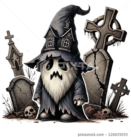 A spooky ghost character with a haunted house hat in a graveyard. 126835035