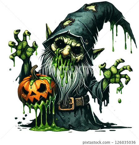A spooky wizard holding a pumpkin, oozing green slime. 126835036