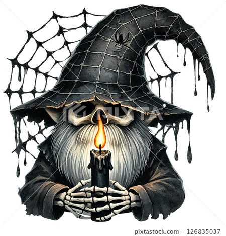 A spooky wizard with a candle, embodying the spirit of Halloween. 126835037