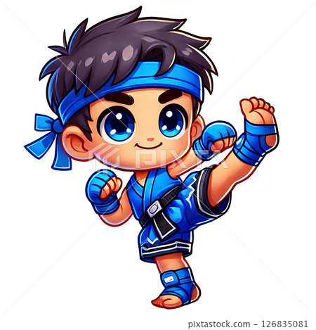 Cute cartoon character performing a martial arts kick in blue. 126835081