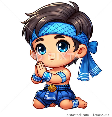 Cute character in blue attire expressing traditional gesture. 126835083
