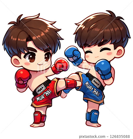 Two cartoon characters sparring in Muay Thai boxing. 126835088