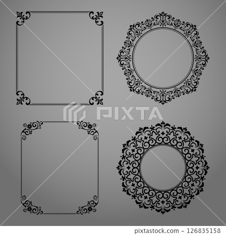Set of decorative frames Elegant vector element for design in Eastern style, place for text. Floral black and gray borders. Lace illustration for invitations and greeting cards Set of decorative frames Elegant vector element for design in Eastern style, place for text. Floral black and gray borders. Lace illustration for invitations and greeting cards 126835158
