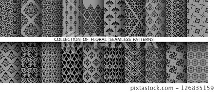 Geometric floral set of seamless patterns. Gray and black vector backgrounds. Damask graphic ornaments 126835159