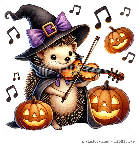 A whimsical hedgehog dressed as a witch playing the violin. A whimsical hedgehog dressed as a witch playing the violin. 126835179