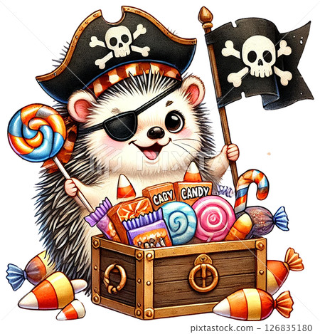 A whimsical pirate hedgehog surrounded by colorful candies. 126835180