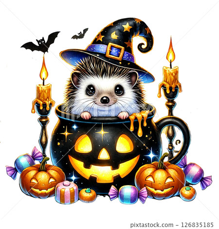 Adorable hedgehog in a witch hat surrounded by Halloween decor. 126835185
