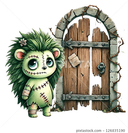 Cute green creature stands by a wooden door, whimsical design. 126835190