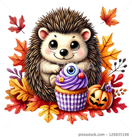 Cute hedgehog with cupcake among autumn leaves and pumpkins. 126835198