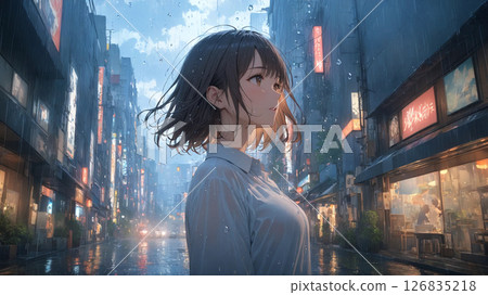 A woman getting wet in the rain in the city 126835218