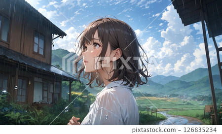 Woman getting wet in the rain in the countryside 126835234