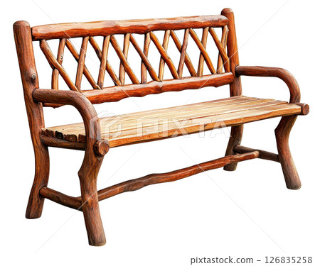 Rustic wooden bench with natural finish, perfect for outdoor settings 126835258