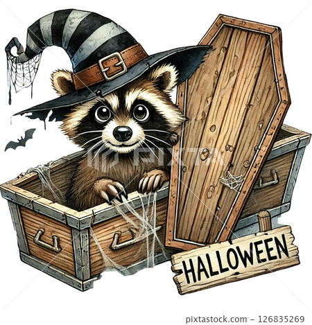 A cute raccoon in a witch hat emerging from a Halloween coffin. 126835269