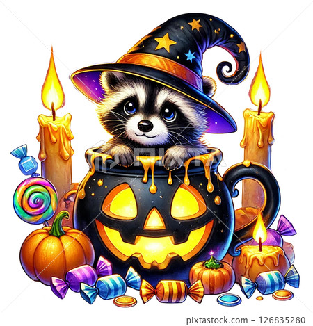 A whimsical raccoon in a witch hat with Halloween decorations. 126835280