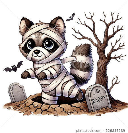Cute raccoon dressed as a mummy in a spooky graveyard scene. Cute raccoon dressed as a mummy in a spooky graveyard scene. 126835289
