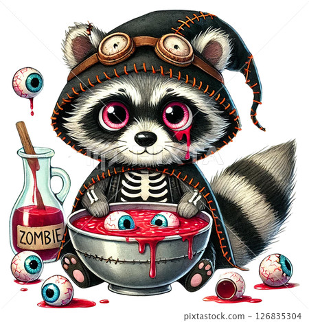 Cute zombie raccoon mixing a spooky potion with eyeballs. 126835304