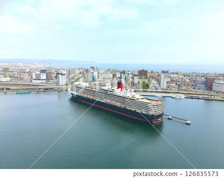Aerial view of the cruise ship Queen Elizabeth calling at Hakodate Port in Hakodate, Hokkaido in spring Aerial view of the cruise ship Queen Elizabeth calling at Hakodate Port in Hakodate, Hokkaido in spring 126835573