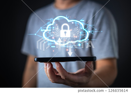 cloud computing diagram on a hand shows data storage and online digital network technology, supporting business, digital marketplaces, and seamless upload, download, transfer, and management of data. 126835614