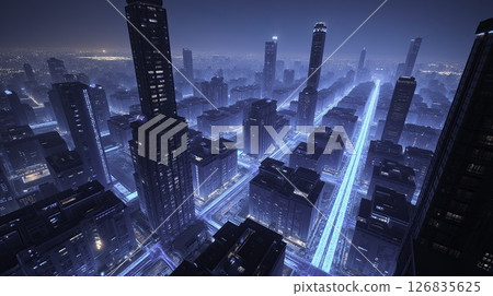 High-tech futuristic cityscape illuminated by blue neon lights High-tech futuristic cityscape illuminated by blue neon lights 126835625