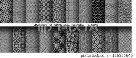Geometric set of seamless black and gray patterns. Simple vector graphics Geometric set of seamless black and gray patterns. Simple vector graphics 126835646