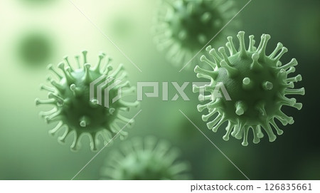 3D rendering of green virus cells on a green gradient background 3D rendering of green virus cells on a green gradient background 126835661