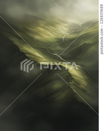 Green mountains and streams under clouds Green mountains and streams under clouds 126835689