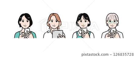 A simple vector illustration set of four middle-aged women operating smartphones and tablet devices 126835728