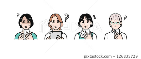一組簡單的向量插圖,描繪了四名中年婦女在看智慧型手機或平板電腦時遇到困難 一組簡單的向量插圖,描繪了四名中年婦女在看智慧型手機或平板電腦時遇到困難 126835729