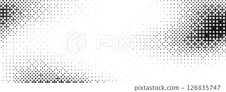 Pixelated bitmap texture. Black dither pattern wallpaper. Abstract glitch gradient pattern. 8 bit video game background. Wide raster screen backdrop. Vector halftone pixel art illustration  126835747