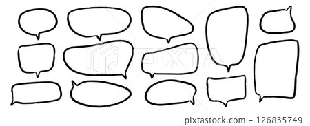 Hand drawn speech bubbles collection. Doodled marker dialog box set. Sketched textured comic talk frames. Round, square or rectangle balloon text box bundle. Vector felt tip pen chat cloud pack 126835749